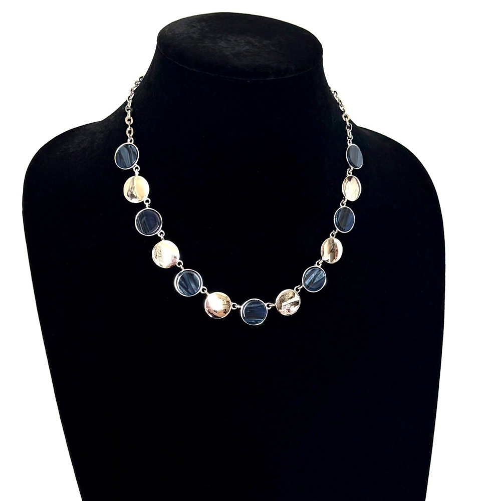 CHICO’s | NWT | Silver & Marbleized Navy Enamel Dot Necklace & Earring Set ✨ - Picture 4 of 9